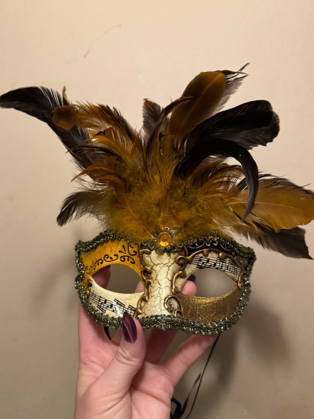 Gold & Brown Feathered Venetian face Mask